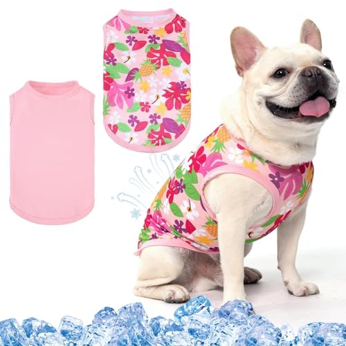 KOOLTAIL Kühlshirt für kleine Hunde, leicht und atmungsaktiv, ärmellos, mit modischem Aufdruck für kleine, mittelgroße Hunde, 2 Stück, Rosa Blume N von KOOLTAIL