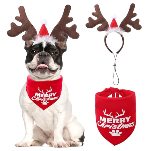 KOOLTAIL Weihnachtliches Hunde-Elch-Rentier-Geweih-Stirnband mit Weihnachtsmütze und Bandana-Set, Hunde-Haustier-Weihnachtskostüm-Zubehör, Kopfbedeckung, Hirsch, Cosplay für kleine, mittelgroße und von KOOLTAIL