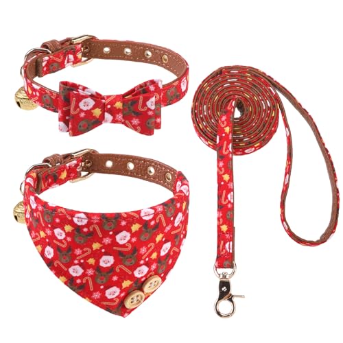 KOOLTAIL Weihnachtliches Hundehalsband und Leine, Set mit Fliege und Glocken, Welpenhalsband, Leine für Frauen mit passendem Muster, weiches Leder, verhedderungsfreie Leinen für kleine Hunde, Jungen, von KOOLTAIL