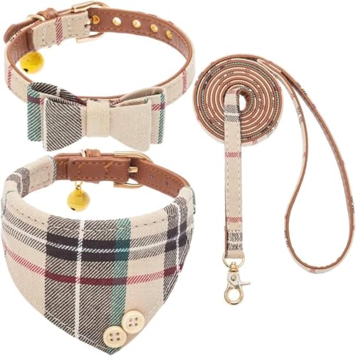 Set mit Fliege und Leine für kleine Hunde – Welpenleine Halsbänder Classic Plaid – Verstellbare Größe mit Goldener Glocke – Perfekt für kleine Rassen Jungen von KOOLTAIL