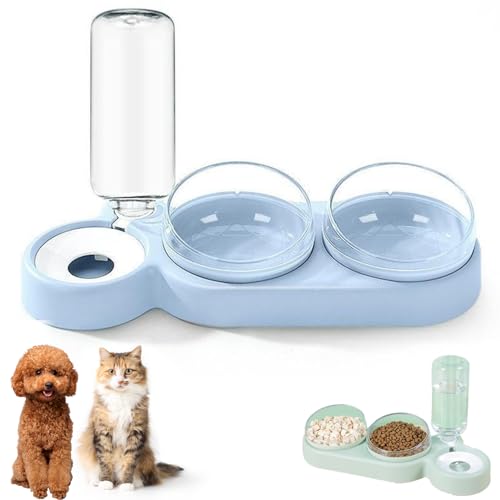 3-In-1 Cat Food and Water Bowl Set, Double Cat Bowls with Automatic Water Dispenser, Anti-Spill Pet Feeder with Stand for Dogs Cats (Blue) von KOOMAL