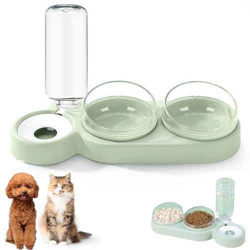 3-In-1 Cat Food and Water Bowl Set, Double Cat Bowls with Automatic Water Dispenser, Anti-Spill Pet Feeder with Stand for Dogs Cats (Green) von KOOMAL