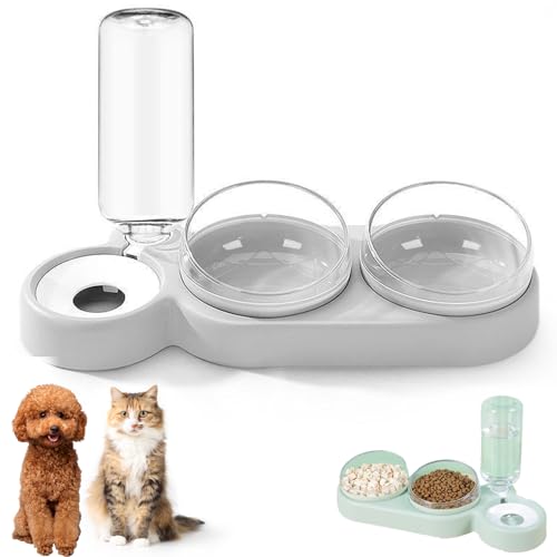 3-In-1 Cat Food and Water Bowl Set, Double Cat Bowls with Automatic Water Dispenser, Anti-Spill Pet Feeder with Stand for Dogs Cats (grey) von KOOMAL