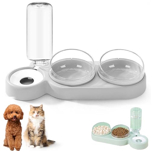 3-In-1 Cat Food and Water Bowl Set, Double Cat Bowls with Automatic Water Dispenser, Anti-Spill Pet Feeder with Stand for Dogs Cats (Grey) von KOOMAL