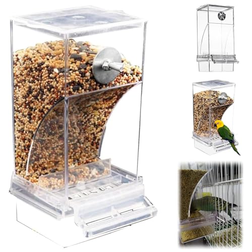 Automatic Bird Feeder, No Mess Bird Feeder for Cage, No-Spill Transparent Acrylic Parrot Feeder, Hanging Seed Food Container Perch Cage Accessories for Parakeet Canary Cockatiel Finch von KOOMAL