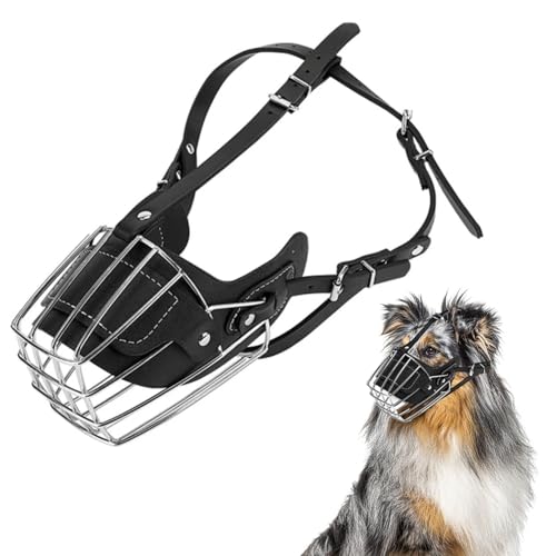 Dog Muzzle Wire Basket for Medium Large Dogs, Metal Face Basket Dog Mouth Breathable Adjustable Leather Lead for Pitbulls and German Shepherds (Black, L) von KOOMAL