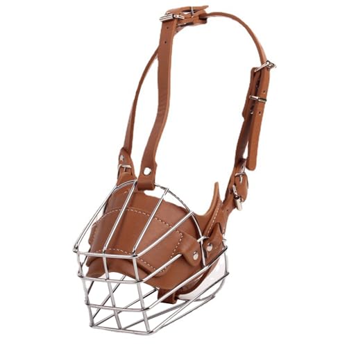 Dog Muzzle Wire Basket for Medium Large Dogs, Metal Face Basket Dog Mouth Breathable Adjustable Leather Lead for Pitbulls and German Shepherds (Brown, L) von KOOMAL