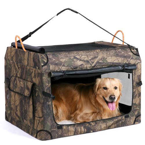 KOOPRO 36,5 Zoll Faltbare Hundebox, Tragbare Weiche Seiten Hund Reise Carrier Camouflage Stil Haustier Zwinger 4-türig mit robusten Netzfenstern, Waschbare Matte, Indoor & Outdoor für Kleine Mittlere von KOOPRO