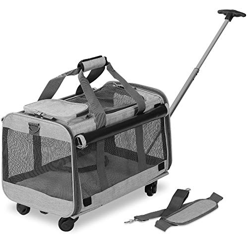 KOPEKS Deluxe Tragetasche Trolley für Kleine und Mittelgroße Hunde und Katzen Haustiere bis 10kg, Reisetasche mit Rollen, Transportbox für Kleintiere, L 51 x B 33 x H 30 cm, Grau und Schwarz von KOPEKS