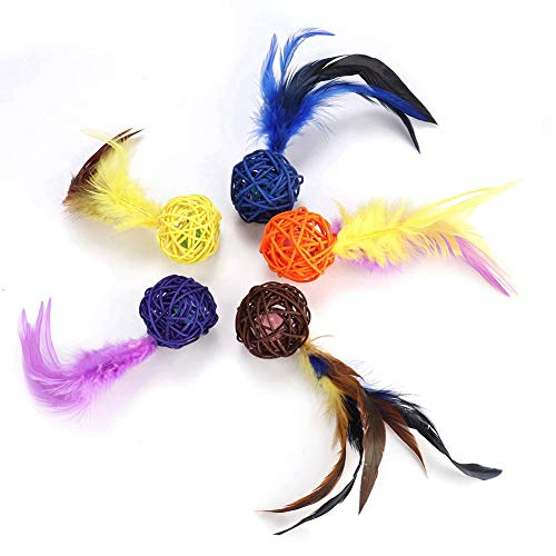 KOSDFOGE Colorful Pet Cat Kitten Plush Play Toy Rattan Balls with Feather Ring Bell Set of 5 for Interactive Playing von KOSDFOGE