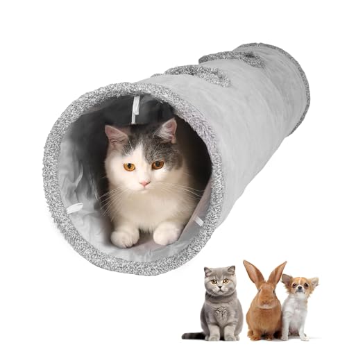 KOMUSMO Katzentunnel für Indoor-Katzen, faltbares Versteckspielzeug, Katzenrohr für Kaninchen, Kätzchen, Frettchen, Welpen, graues Wildleder, Haustiertunnel mit zwei Gucklöchern und einem Blasenball von KOSMUSMO