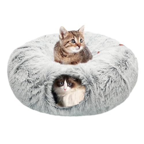 KOMUSMO Katzentunnelbett mit zentraler Matte und hängendem Ballspielzeug, große Katzenhöhle, Donut für Indoor-Katzen, weicher Plüsch, flauschig, Peekaboo-Katzenbett, Höhle, Spielplatz, von KOSMUSMO