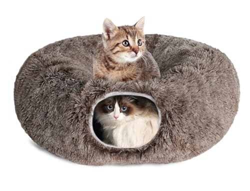 KOMUSMO Katzentunnelbett mit zentraler Matte und hängendem Ballspielzeug, multifunktionales großes Katzenbett Höhle Donut für Indoor-Katzen, weicher Plüsch, flauschig, zusammenklappbar, Peekaboo-Höhle von KOSMUSMO