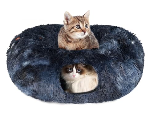 KOMUSMO Katzentunnelbett mit zentraler Matte und hängendem Ballspielzeug, multifunktionales großes Katzenbett Höhle Donut für Indoor-Katzen, weicher Plüsch, flauschig, zusammenklappbar, Peekaboo-Höhle von KOSMUSMO