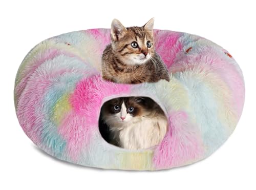 KOMUSMO Katzentunnelbett mit zentraler Matte und hängendem Ballspielzeug, multifunktionales großes Katzenbett Höhle Donut für Indoor-Katzen, weicher Plüsch, flauschig, zusammenklappbar, Peekaboo-Höhle von KOSMUSMO