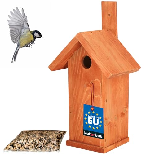 KOTARBAU® Nistkasten für Meisen aus lackiertem Holz Ziegelrost Vogelhaus Bausatz Vogel Nistkasten Vogelnistkästen Vogelnistkasten Wetterfest Nistkasten Meise + Vogelfutter 0,5kg von KOTARBAU