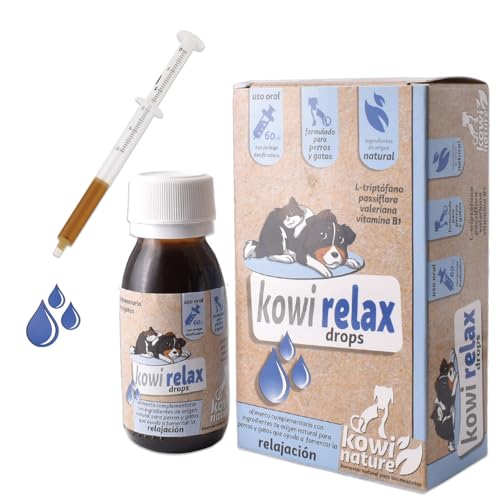 KOWI Relax Drops für Hunde und Katzen mit L-Tryptophan, Passionsblume, Baldrian und Vitamin B1. Hilft, Angstzustände und Stress zu lindern, natürliche Inhaltsstoffe. Flasche 60 ml. von KOWI NATURE