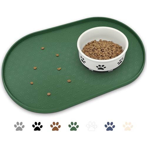 KPWACD Haustier-Tischset für Hunde und Katzen, rutschfest, wasserdicht, verhindert Überlaufen von Futter und Wasser, Silikon, geeignet für kleine, Jägergrün, 47.8x30.5 cm von KPWACD