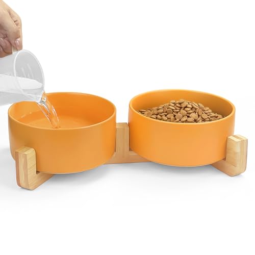 KPWACD Keramik Haustier Schalen für Hund und Katze, Erhöhtes Hundefutter und Wassernapf Set mit Anti-Rutsch-Holzständer, Haustiere Futternäpfe Geeignet für kleine, Gelb, 800 ml von KPWACD