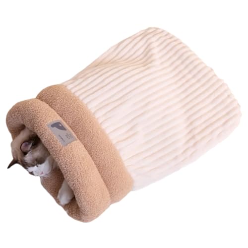 KQLULU Cat Winter Sleeping Bag, Self-Warming Cosy Cat Bed, Soft and Comfortable Cat Bed Cave, Cute Cat Bed Cave Sleeping Bag Easy, Soft Plush Large Cat Sack (M,Beige) von KQLULU