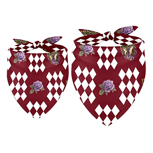 Passendes Bandana für Haustier und Besitzer, 2er-Pack, hochwertiger, transparenter Chiffon-Stoff, verstellbare Passform, kühlend,Lila Rosen Diamant Karo Rauten Muster Rot von KQNZT