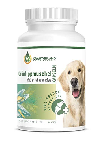 Kräuterland neuseeländischen Grünlippmuschel Kapseln für Hund, 300 Stück Gelenktabletten hochdosiert, 100% naturrein ohne Zusatzstoffe, mit Glycosaminoglykanen in Premium Qualität aus Neuseeland von KRÄUTERLAND N A T U R - Ö L M Ü H L E