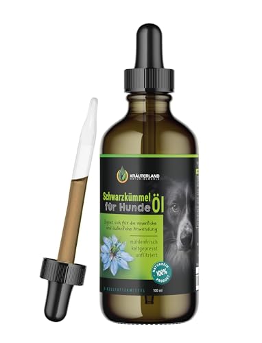 Kräuterland Schwarzkümmelöl für Hunde 100ml - kaltgepresst, ungefiltert, nativ - Schwarzkümmel Öl zur Fütterung & Fellpflege - Mühlenfrisch vom Hersteller, Qualität Made in Germany von KRÄUTERLAND N A T U R - Ö L M Ü H L E