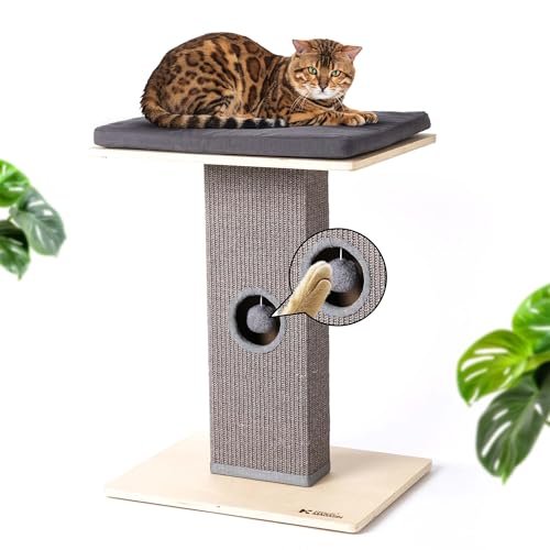 KRAUS MAGAZIN Kratzbaum klein Grau | Sisal Kratzbaum Katze [interaktiv] | Katzenliege aus Leinen | Katzenbaum Grosse Katzen | Stabil & Modern aus Natur-Holz | Kratzsäule | Kratzstamm von KRAUS MAGAZIN