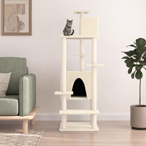 Katzenbaum für Grosse Katzen stabil groß Sisal-Kratzstangen, Kratzbaum mit Sisal-Kratzsäulen Creme 154 cm Katzenbaum Katzenmöbel Spielbaum für kleine Katzen von KRHINO