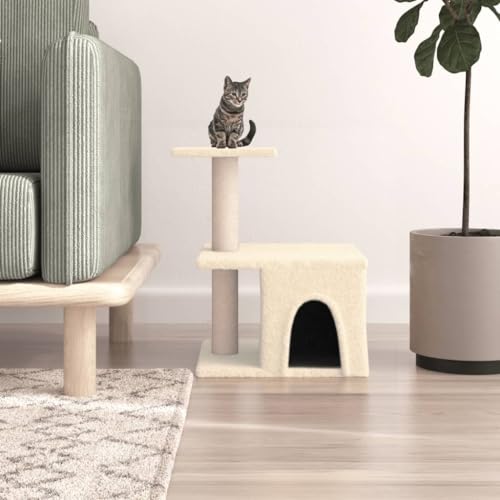 Katzenbaum für Grosse Katzen stabil groß Sisal-Kratzstangen, Kratzbaum mit Sisal-Kratzsäulen Creme 48 cm Katzenbaum Katzenmöbel Spielbaum für kleine Katzen von KRHINO