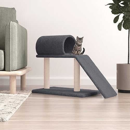 Katzenbaum für Grosse Katzen stabil groß Sisal-Kratzstangen, Kratzbaum mit Tunnel und Rampe Dunkelgrau 55,5 cm Katzenbaum Katzenmöbel Spielbaum für kleine Katzen von KRHINO