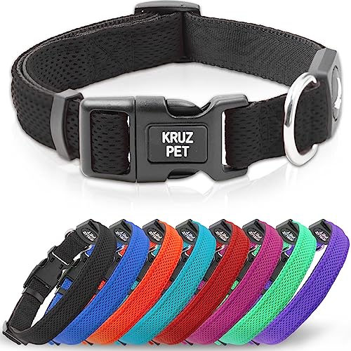 Kruz Original Strapazierfähiges verstellbares Hundehalsband - Ultraweiche Polsterung, lebenslange Haltbarkeit, bequemes Halsband für große, mittlere und kleine Hunderassen (Schwarz/Large) von KRUZ PET