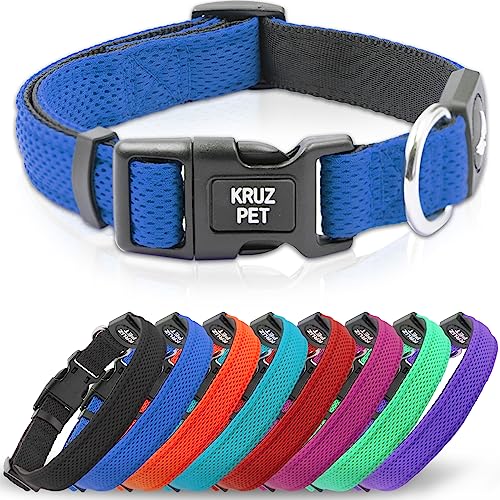 Kruz Original strapazierfähiges, verstellbares Hundehalsband – ultraweiche Polsterung, lebenslange Haltbarkeit, bequemes Halsband für große, mittelgroße und kleine Hunderassen (Blau/Klein) von KRUZ PET