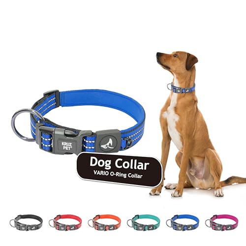 KRUZ PET KZV006-15XL Reflektierendes Hundehalsband für kleine, mittelgroße und große Hunde, 100% Nylon, verstellbares Haustier-Halsband, strapazierfähiger O-Ring, weich, bequeme Neoprenpolsterung – Blau – XL von KRUZ PET