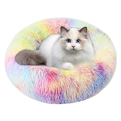 Flauschiges, rundes Haustierbett, rutschfest, Katzenbetten für Indoor-Katzen, extra kleines Hundebett, beruhigendes, weiches Plüsch-Donut-Kuschelkissen, selbstwärmend für kleine Hunde, Kätzchen (S) von KSIEE