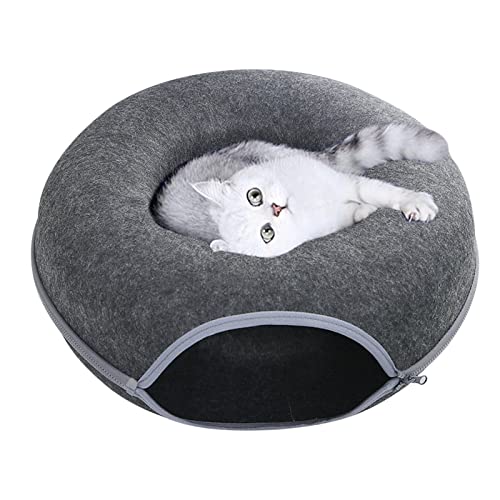 Katzentunnelbett, KSIEE Katzentunnel für Indoor-Katzen, kratzfestes, abnehmbares, rundes Filz-Katzenrohr-Spielspielzeug mit Guckloch und waschbarem großem Donut-Katzenbett für kleine Haustiere, von KSIEE