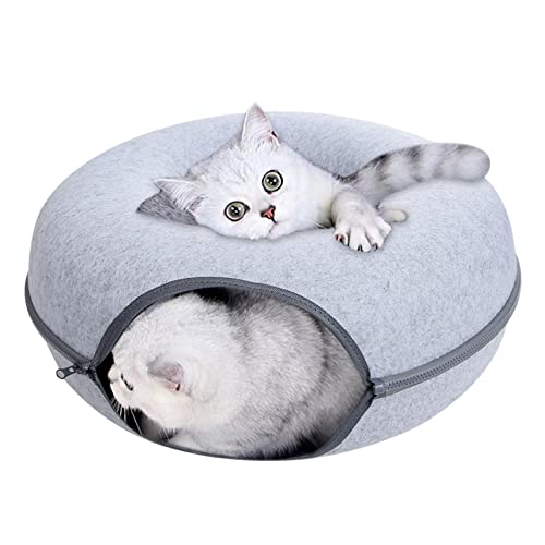 Katzentunnelbett, KSIEE Katzentunnel für Indoor-Katzen, kratzfestes, abnehmbares, rundes Filz-Katzenrohr-Spielspielzeug mit Guckloch und waschbarem großem Donut-Katzenbett für kleine Haustiere, von KSIEE