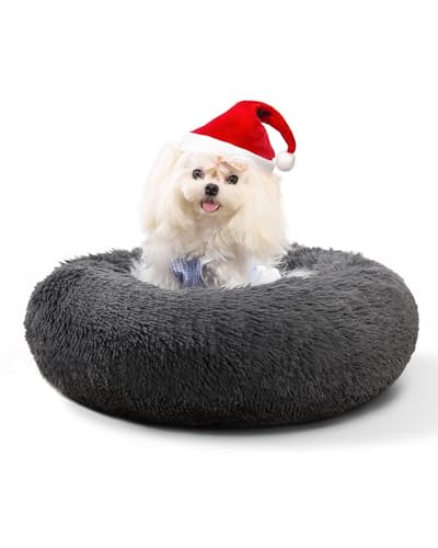 KSIIA Hundebett Flauschig, Katzenbett, Ø 50 cm Rund Donut Hundekissen Waschbar, Langer Plüsch Hundekorb Katzenkorb Katzenkissen für Kleine Hunde Dunkelgrau von KSIIA