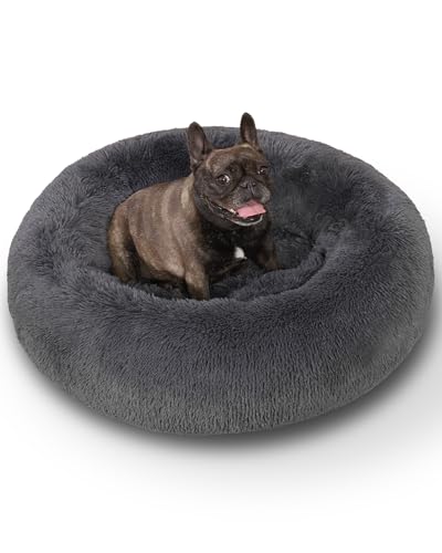 KSIIA Hundebett Flauschig, Katzenbett, Ø 60 cm Rund Donut Hundekissen Waschbar, Langer Plüsch Hundekorb Katzenkorb Katzenkissen für Mittelgroße & Kleine Hunde Dunkelgrau von KSIIA