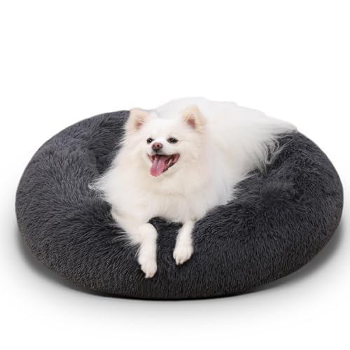 KSIIA Hundebett Flauschig, Katzenbett, Ø 75 cm Rund Donut Hundekissen Waschbar, Langer Plüsch Hundekorb Katzenkorb Katzenkissen für mittelgroße & kleine Hunde Dunkelgrau von KSIIA