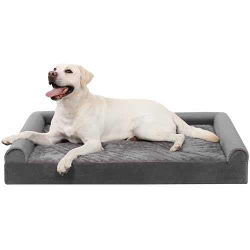 KSIIA Hundebett Grosse Hunde, Orthopädisches Hundebetten 121x76x18cm Hundesofa Bezug abnehmbar waschbar, XXL Hundekorb mit DREI erhöhte Ränder, Hundecouch rutschfeste Unterseite, Grau von KSIIA