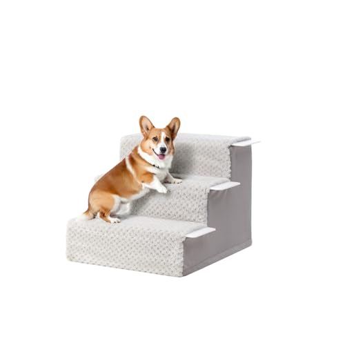 KSIIA Hundetreppe für Kleine Hunde 33cm Hoch, Haustiertreppe mit Abnehmbarem Waschbarem Bezug, Katzentreppe für Alte Katzen Hunde, Rutschfestem Hunderampe Hundetreppe für Bett Sofa, Grau von KSIIA