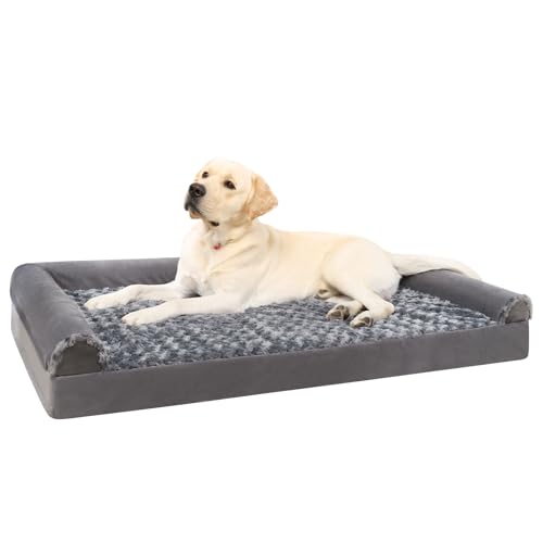 KSIIA Orthopädisches Hundebett Grosse Hunde, 105x70x18cm, Hundesofa Bezug abnehmbar waschbar, XL Hundecouch mit DREI erhöhte Ränder, rutschfeste Unterseite, Noppenschaumstoff Hundekorb, Grau von KSIIA