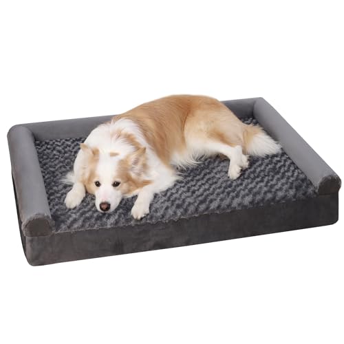 KSIIA Orthopädisches Hundebett Grosse Hunde, 111x81x18cm, Hundesofa Bezug abnehmbar waschbar, XL Hundecouch mit DREI erhöhte Ränder, rutschfeste Unterseite, Noppenschaumstoff Hundekorb, Grau von KSIIA