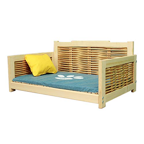 Hundebett aus Rattangeflecht – für große/mittlere/kleine Haustiere, erhöhtes Lounge-Sofa mit Schwammmatte, 5 cm Bodenfreiheit, verbesserter Schlaf (Farbe: Blau, Größe: L (70 x 44 x 30 cm)) vision von KSTUFF