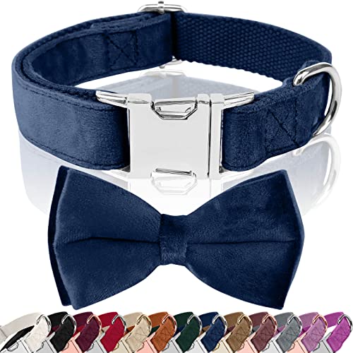 KTWSUEF Hundehalsband Samtige, mit Hunde Fliege Abnehmbarer Hundehalsband, Personalisiert Hunde Halsband, verstellbares Hundehalsband, für Hunde Kleine Mittel große Hunde-7 (L, Juwel Blau) von KTWSUEF