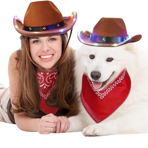 Cowgirl-Hut mit LED-Beleuchtung, für Erwachsene und Haustiere, elegantes Westernkleid, Accessoire von KUAIYIJU