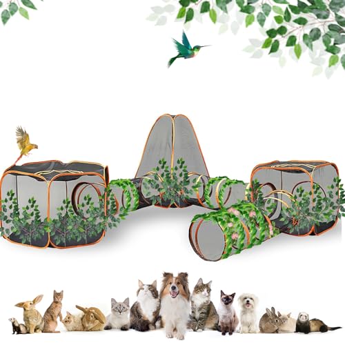 KUCDBUN Outdoor Katzengehege, Katzenzelt mit Blättern, 6 in 1 Outdoor Katzentunnel mit Katzenzelte für Draußen, Katzenlaufstall für Katzen Kaninchen Frettchen und Kleintiere von KUCDBUN