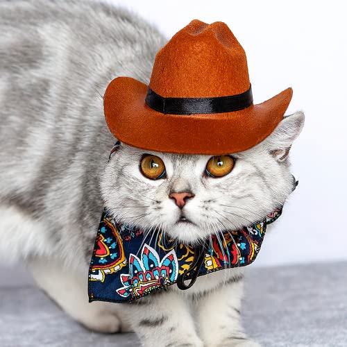 KUDES 2 Stück Lustiges Haustier Kostüm Zubehör Set, Katze Kleiner Hund Cowboy Hut mit verstellbarem elastischem Kinnriemen und Bandana für Geburtstag Weihnachten Halloween Urlaub Party Cosplay und von KUDES