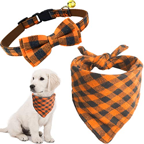 KUDES 2er-Pack Katzen- und Hundehalsband-Set mit Glöckchen, verstellbare karierte Fliege Schal, Dreieckstuch für kleine/mittelgroße große Hunde (orangefarbenes Karo, Größe S (24,9 cm - 35,6 cm) von KUDES